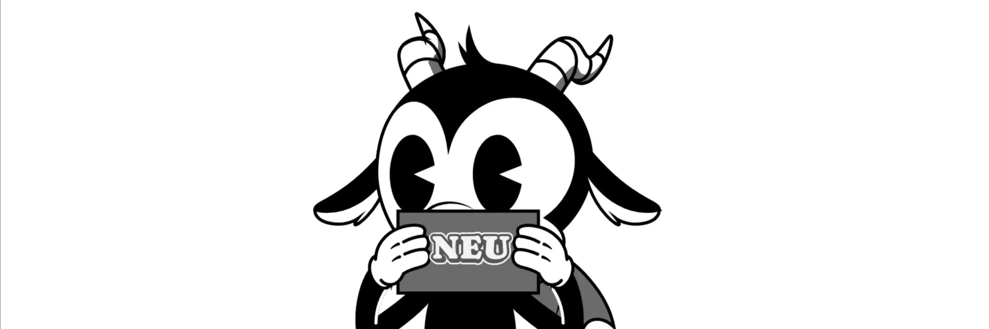 Schwarz-weiße Cartoon-Ziege, die ein graues rechteckiges Schild mit den Buchstaben 'neu' in fetter, Großschreibungs-Schrift hält.