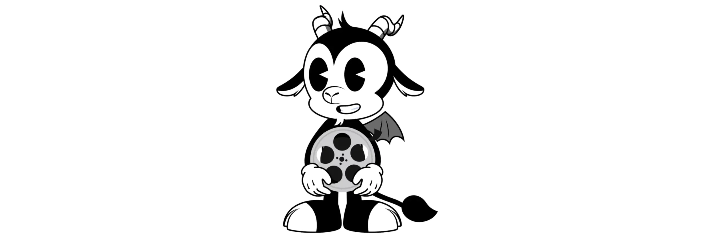 Eine schwarz-weiße Cartoon-Ziegenfigur, die eine Filmspule hält.