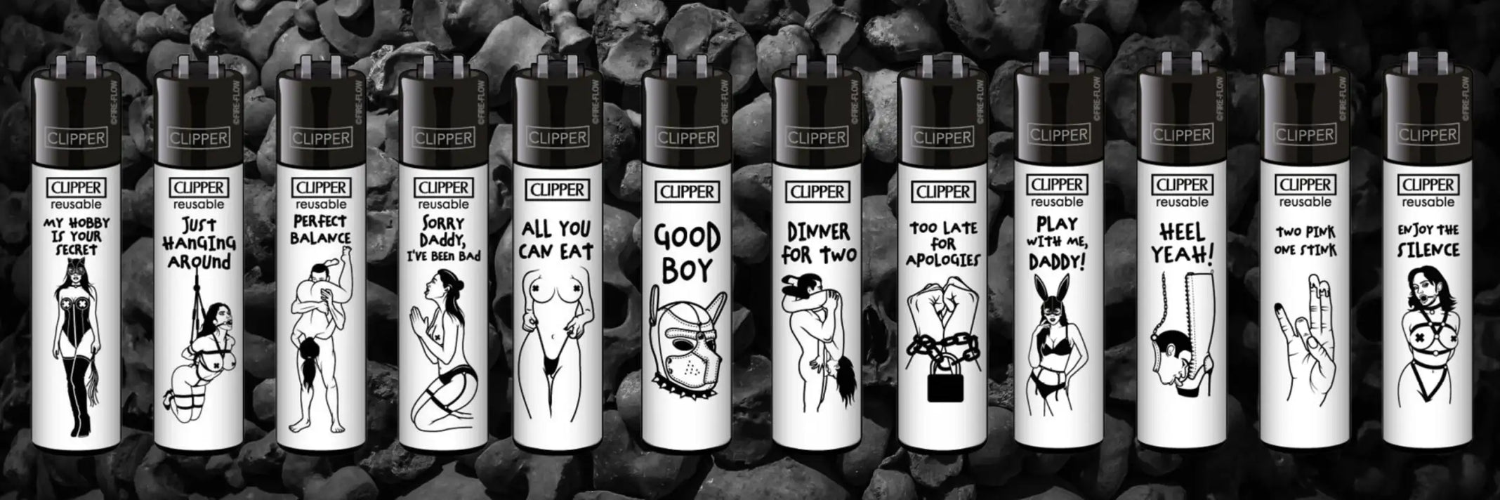 Schwarz-weiße Clipper-Wiederverwendungsfeuerzeuge mit fetten, humorvollen Illustrationen auf jeder Dose.