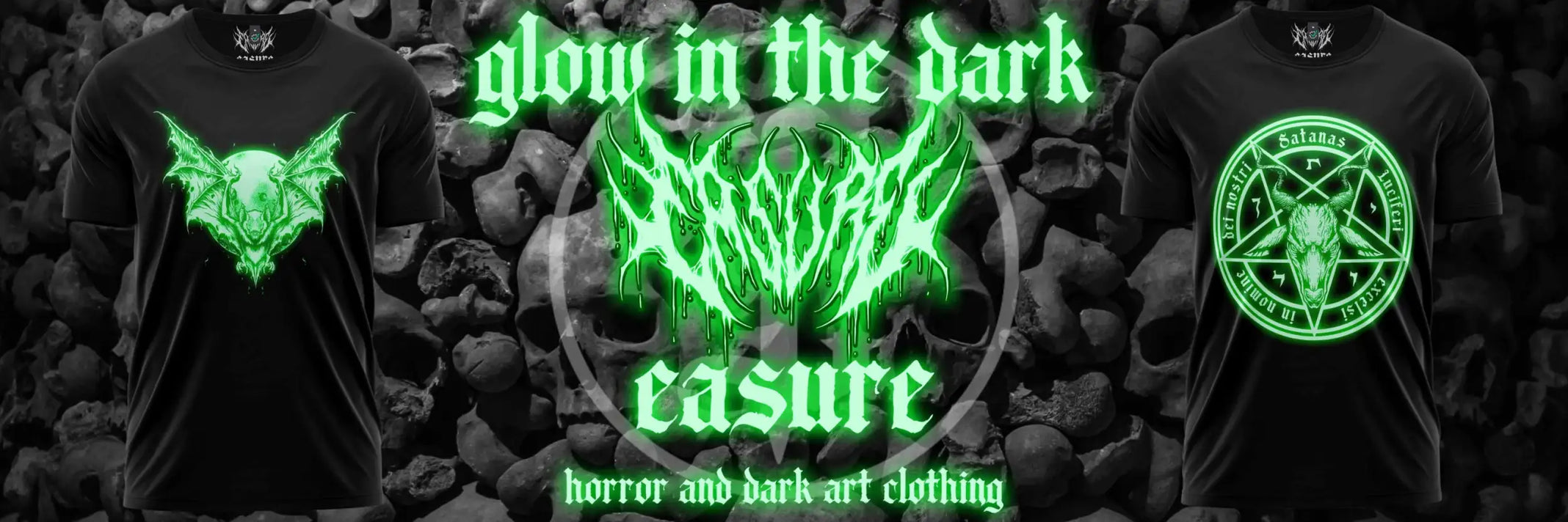 Schwarze T-Shirts mit leuchtend grünen okkulten Motiven und Designs