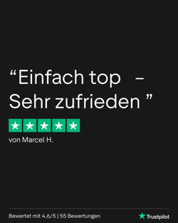 Schwarzer Hintergrund mit weißem Text und grünen Sternbewertungen.