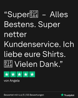 Ein schwarzer Trustpilot-Bewertungsbildschirm, der eine Fünf-Sterne-Bewertung und ein Kunden-Testimonial in weißer Schrift anzeigt.