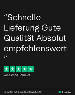 Ein schwarzes Trustpilot-Bewertungs-Grafik mit weißem Text und grünen Sternbewertungen.