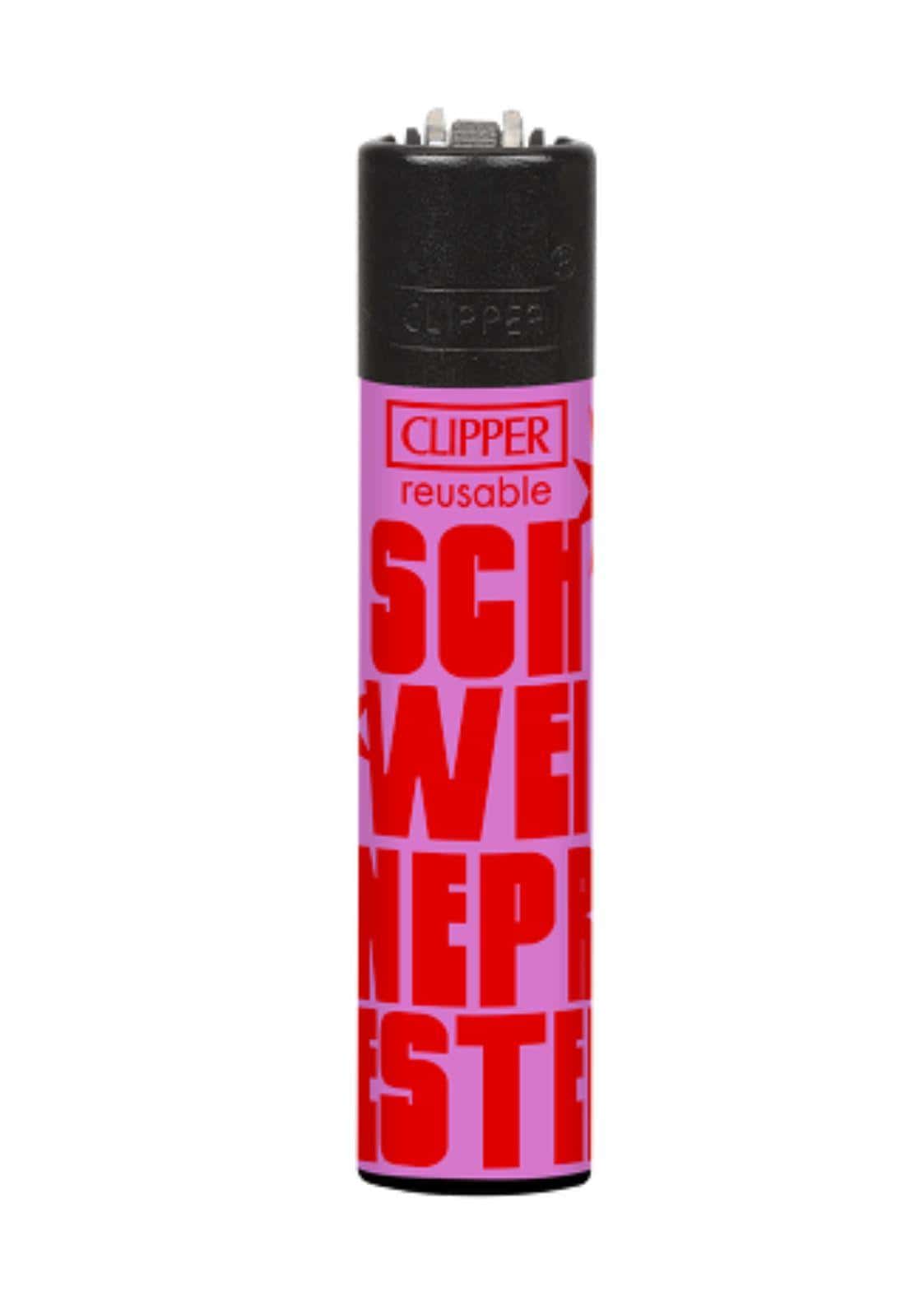 Ein schwarzes clipper feuerzeug mit pink-rotem gothic design und boldem schriftzug schweinepfeste, nachfüllbar
