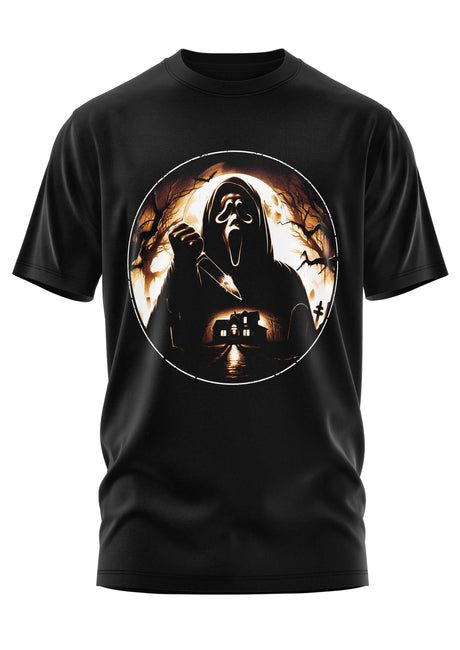 Schwarzes T-Shirt mit einem Grafikmotiv der Ghostface-Maske aus Scream