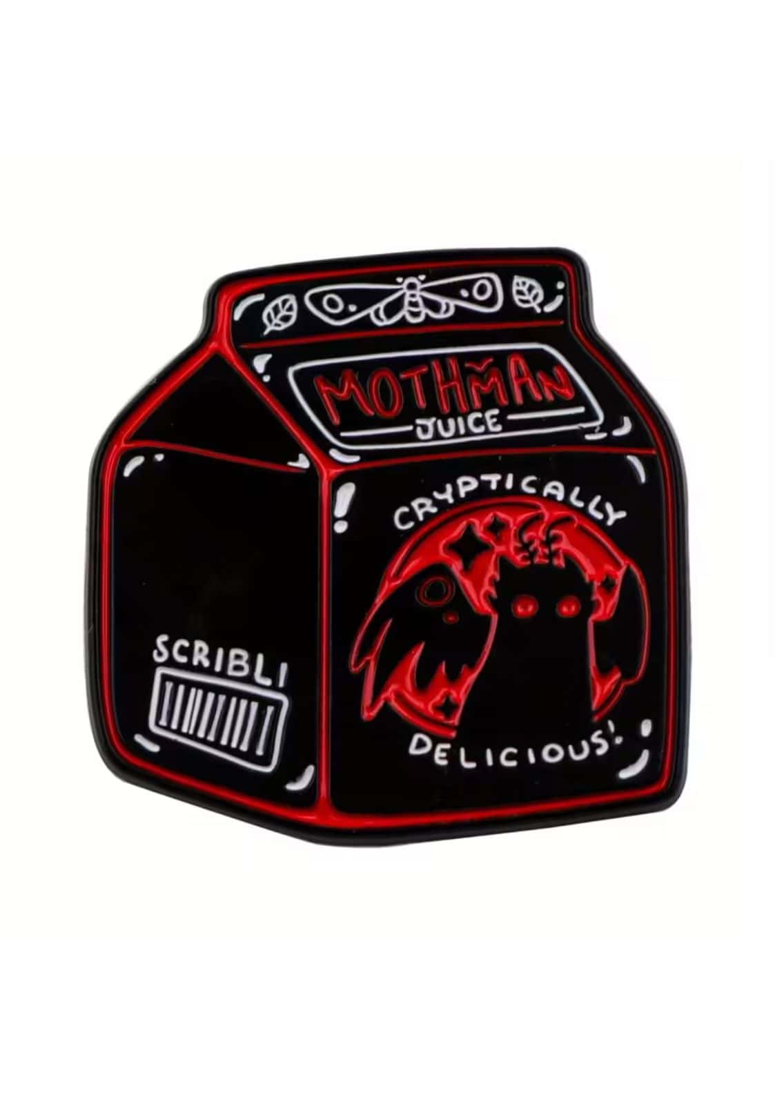 Schwarze und rote Emaille-Anstecknadel in Form eines Milchkartons.