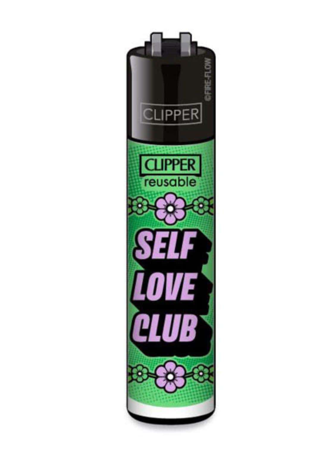 Nachfüllbares clipper-feuerzeug in grün und schwarz mit soft-touch-oberfläche und self love club design