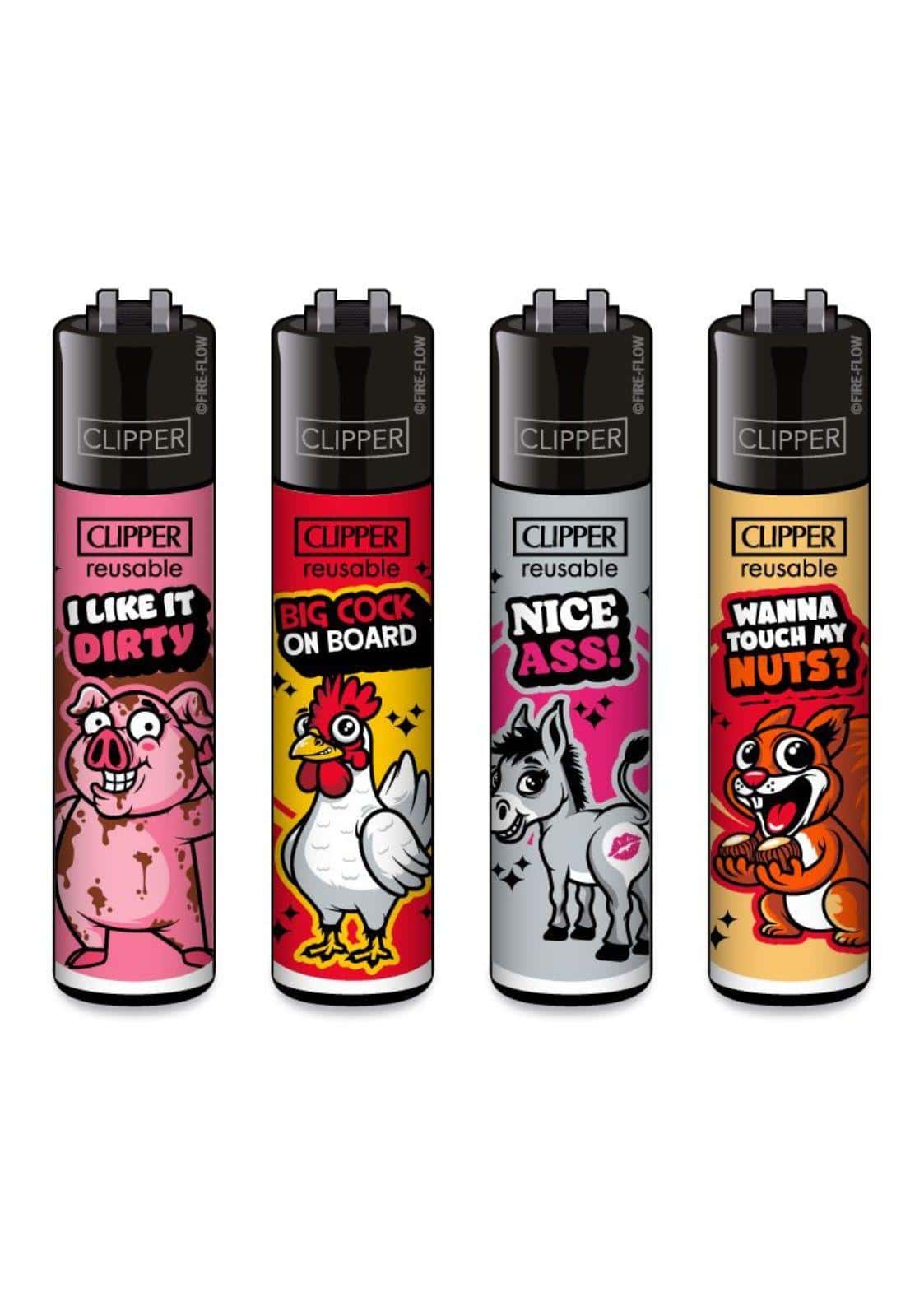 Sexy animals clipper feuerzeug set mit vier bunten clipper feuerzeugen, jedes mit cartoon-tier design und kräftigen farben