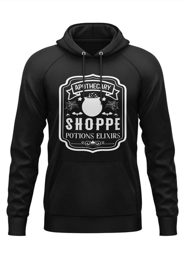 Schwarzer hoodie gothic design mit weißem apothecary shoppe potions elixirs text und horror cauldron illustration