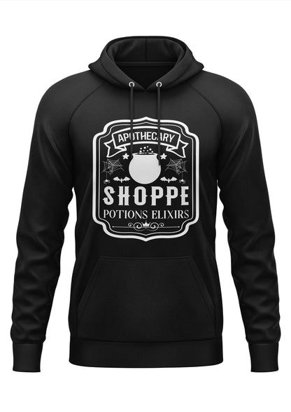 Schwarzer Gothic-Hoodie SHOPPE POTIONS mit Kessel-Motiv