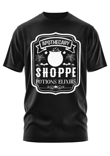 Schwarzes kurzarmshirt mit weißem gothic apothekerladen grafik und horror elementen wie trankflaschen und fledermäusen