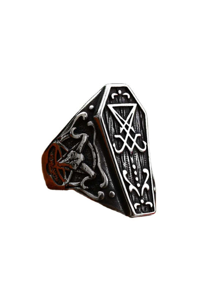 Gotischer Sarg-Ring mit Pentagramm- und Schädel-Design, Silbermetall