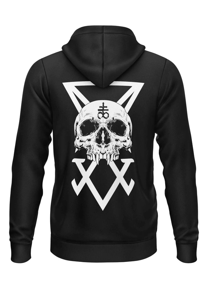 Schwarzer schwerer unisex hoodie mit sigil schädel und weißen dreieckigen kreuz symbolen auf der rückseite gaia lizensierte kleidung