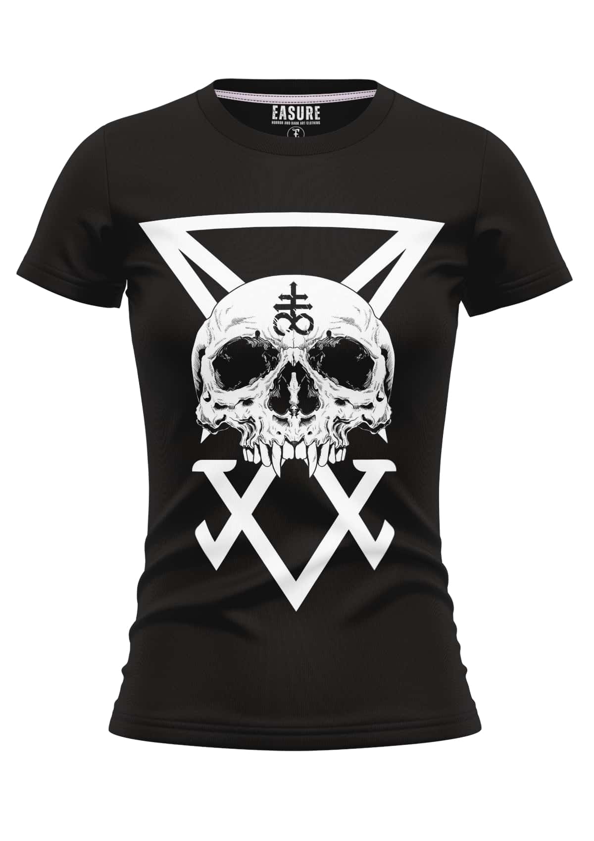 Schwarzes girly t-shirt mit weißem gotischem schädelsymbol und stilisierten dreiecken im sigil skull design