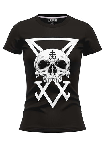 Schwarzes girly t-shirt mit weißem gotischem schädelsymbol und stilisierten dreiecken im sigil skull design