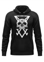 Schwarzer Hoodie mit Totenkopf-Design und weißem Logo.