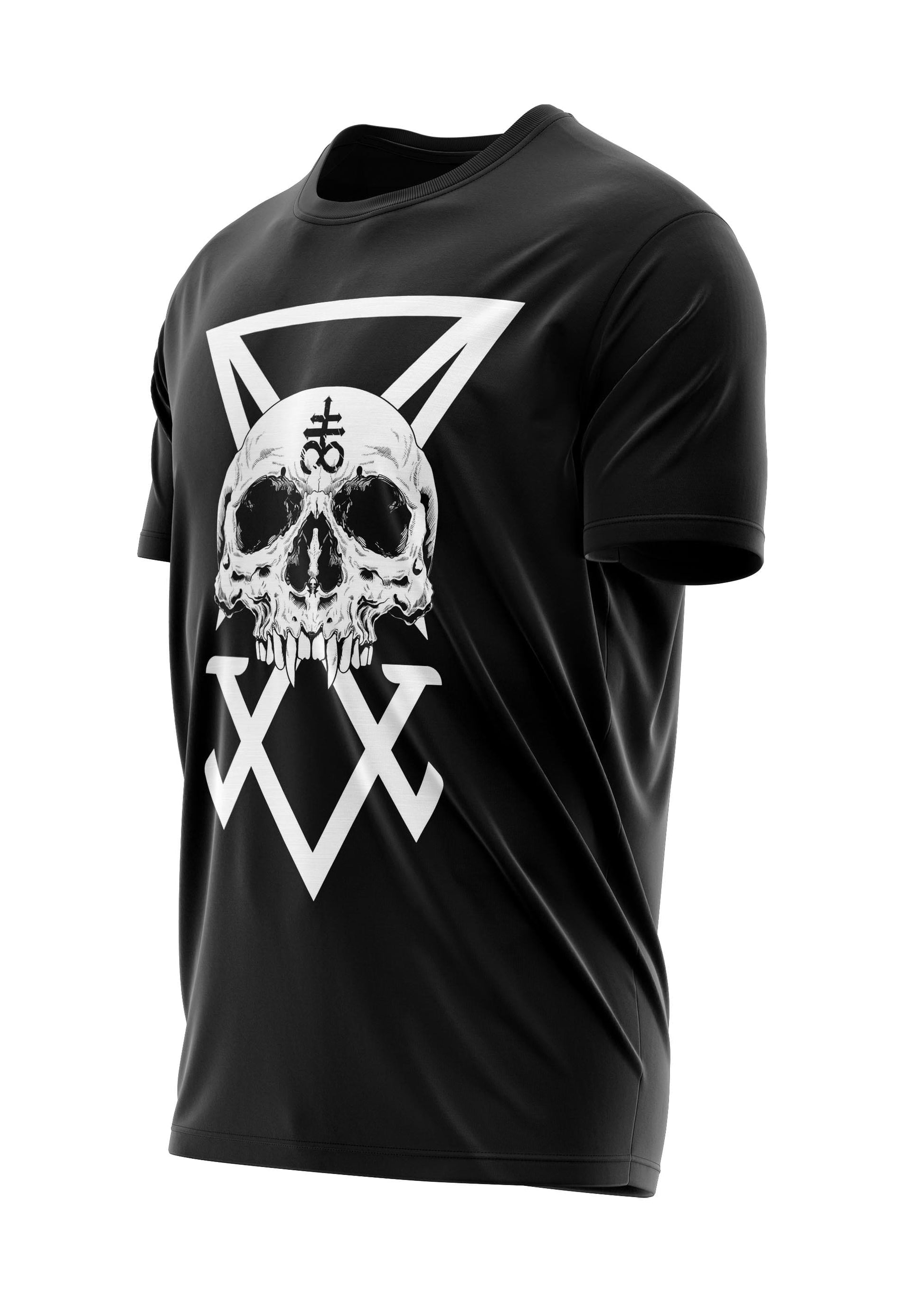 Schwarzes T-Shirt mit weißem Totenkopf- und Pentagramm-Design.