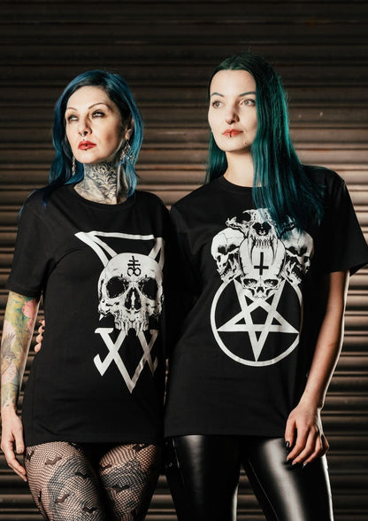 Schwarzes Graphic-T-Shirt mit weißem Totenkopf-Symbol, okkulten Motiven und Pentagramm, gothic Design SIGIL SKULL