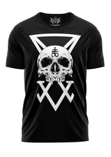 Schwarzes T-Shirt mit weißem Schädel- und Pentagramm-Design.