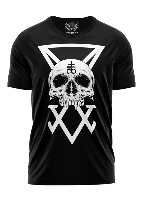 Schwarzes T-Shirt mit weißem Schädel- und Pentagramm-Design.