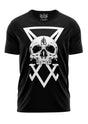 Schwarzes T-Shirt mit weißem Schädel- und Pentagramm-Design.
