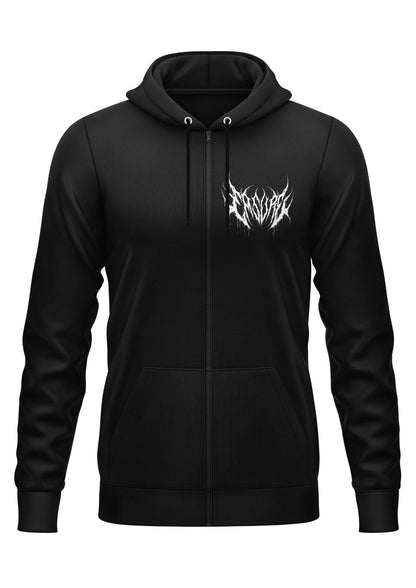 Schwarzer zip-up hoodie mit weißem sigil schädel grafik kombiniert düstere ästhetik lizenzierte bekleidung gaia