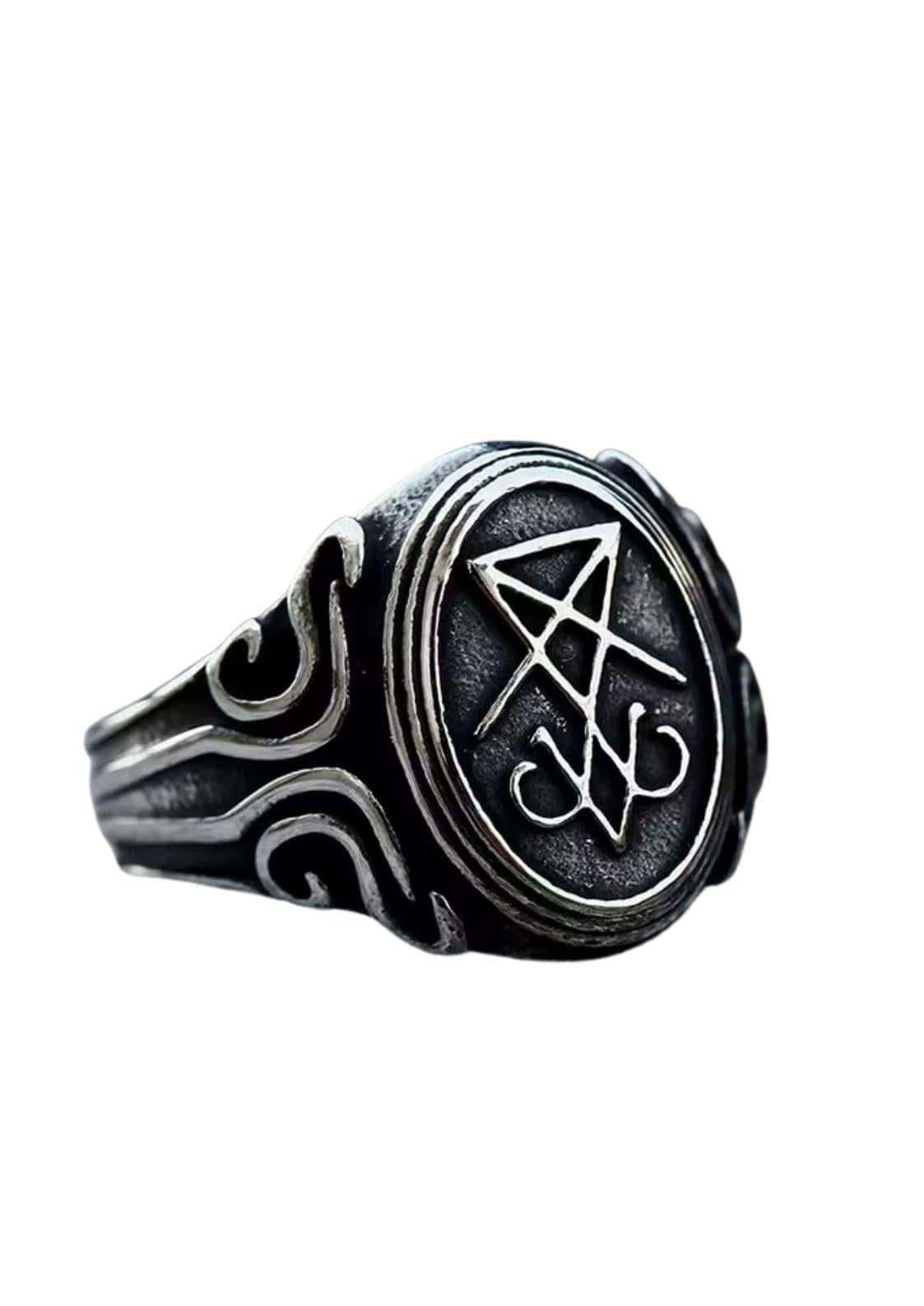 Sigil small ring aus dunklem antik silber mit pentagramm und filigranem design als gothic schmuck