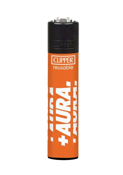 Orang-schwarzes Sigma Impact Clipper Feuerzeug Set mit auffälliger weißer Aura Schrift für gothic und dark fashion Fans