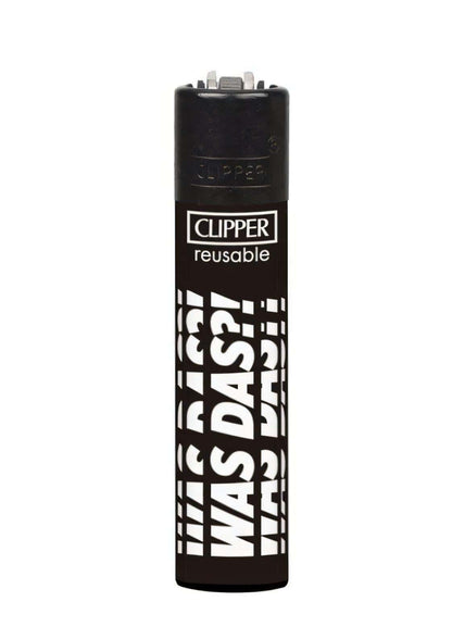 Schwarzes Sigma Impact Clipper Feuerzeug mit weißem was dass text, ideal für gothic und dark fashion fans