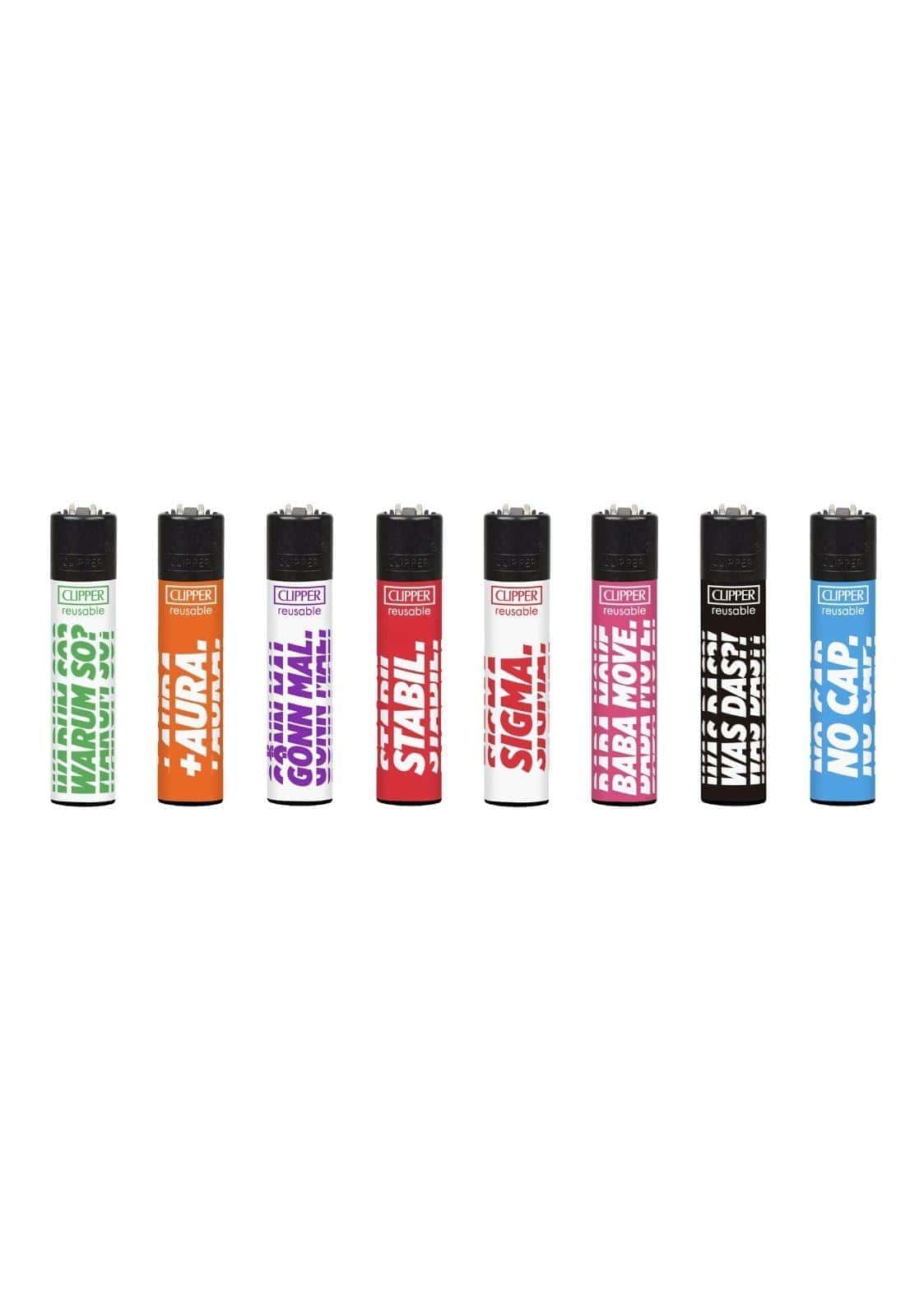 Sigma impact clipper feuerzeug set mit acht bunten lightern in kräftigen farben ideal für gothic und dark fashion fans