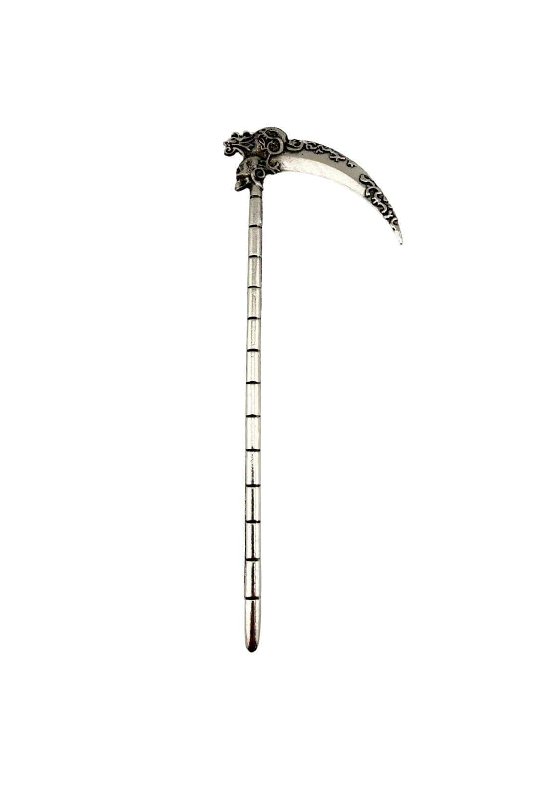 Silberfarbene metall-haarnadel silver death haarnadel mit drachenkopfgriff und kunstvoll geschwungenem blatt als gothic haaraccessoire