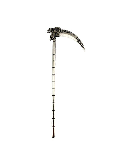 Silberfarbene metall-haarnadel silver death haarnadel mit drachenkopfgriff und kunstvoll geschwungenem blatt als gothic haaraccessoire