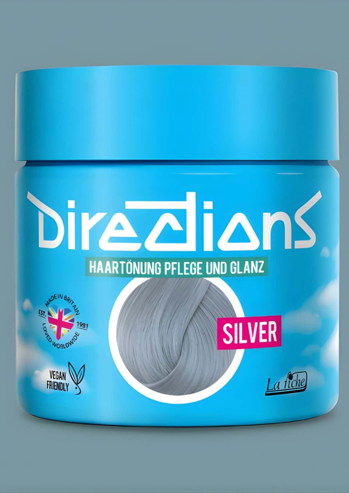 Ein lebendiger blauer directions 100ml haartönungsbehälter in kühles silber für graues haar mit pinker schrift