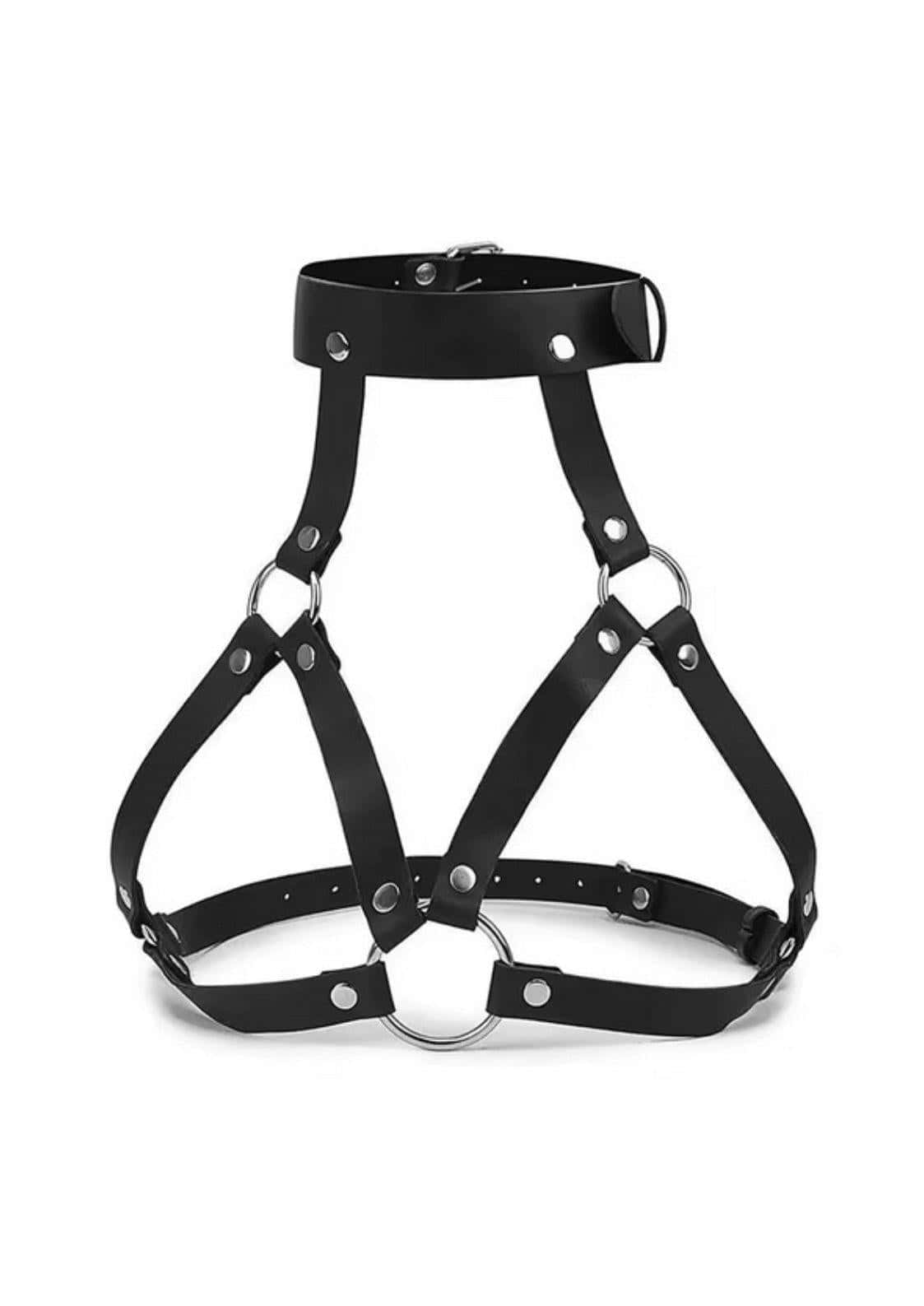 Schwarzer single breast harness aus leder mit silbernen metallringen und nieten für einen gothic look von gaia lizenziertes apparel