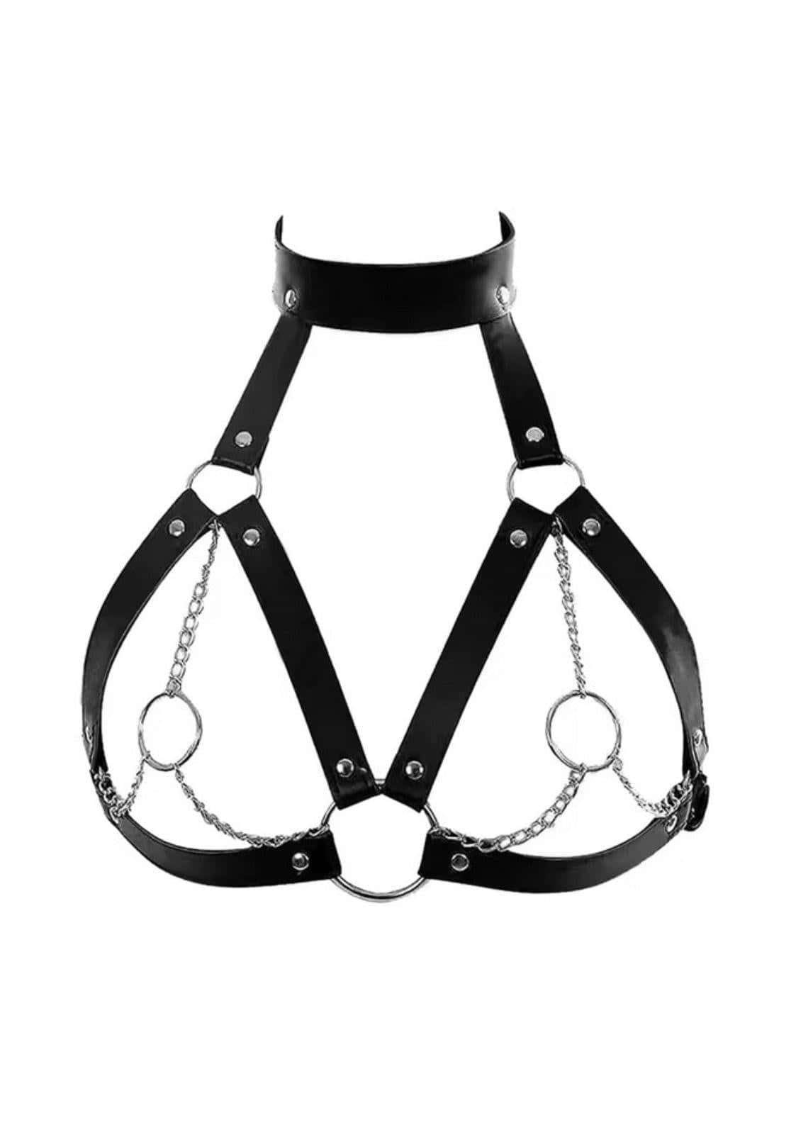 Black leather single breast harness with silver chains and rings for a gothic look gaia lizenziertes apparel