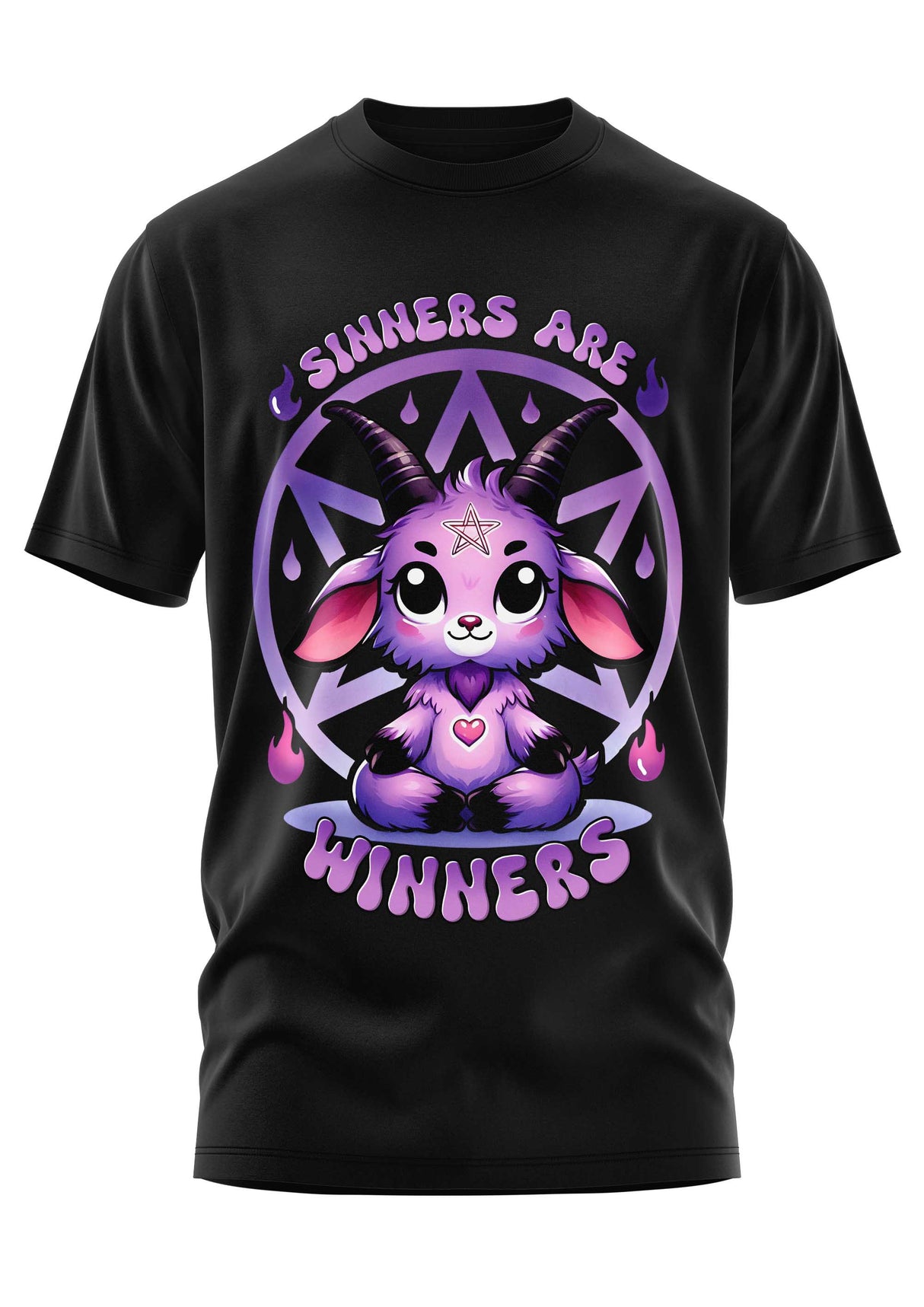 Schwarzes T-Shirt mit Cartoon-Ziegenmotiv.