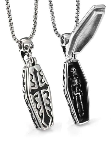 Silberne coffinskette mit skelett- und kreuzgravur, klappbarem deckel und innenfach im gothic horror stil