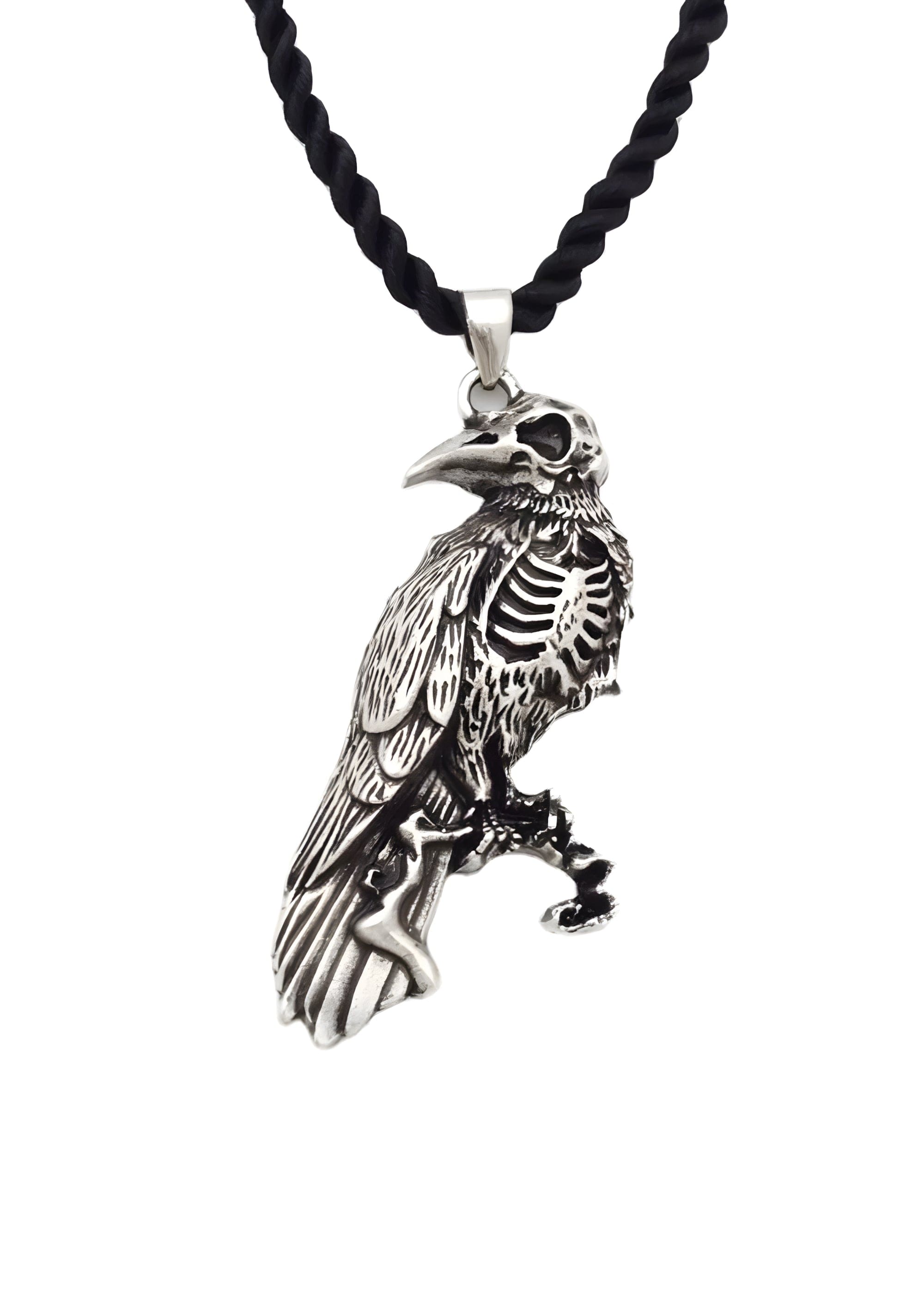 Silberner Rabe-Anhänger-Halskette mit schwarzem Band.