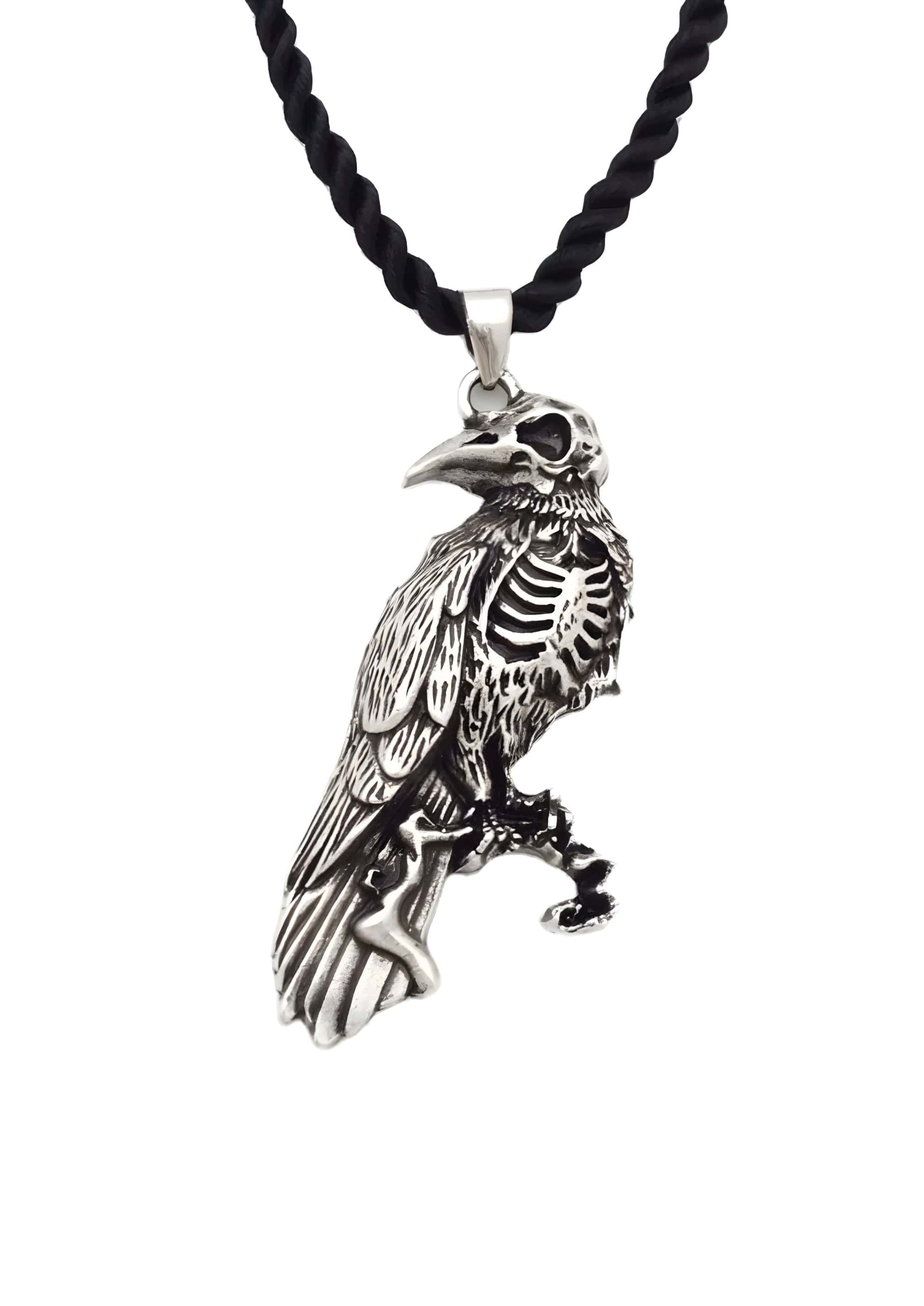 Silberner raven anhänger halskette mit schwarzem band im gothic horror skeleton crow design