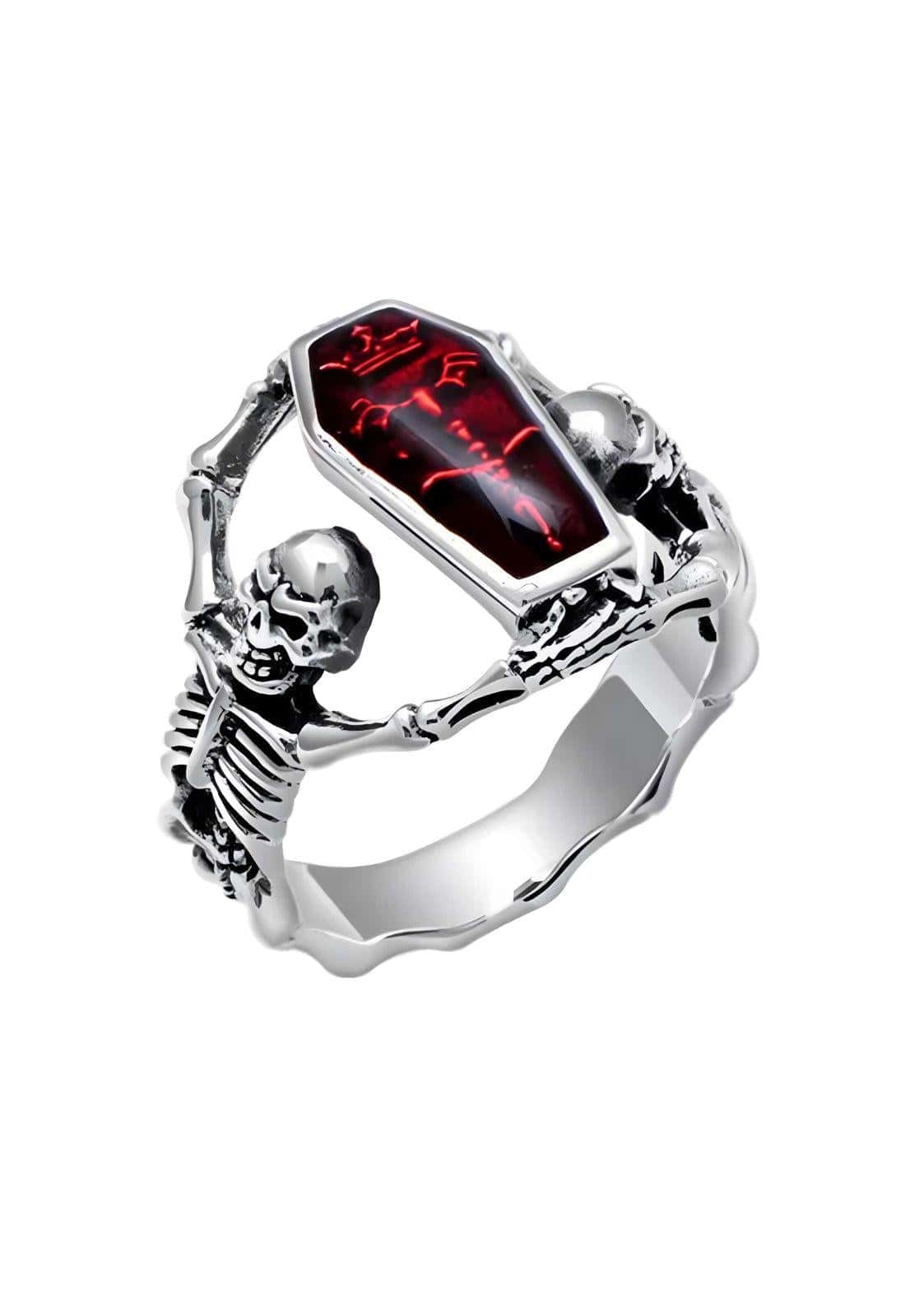Silberner schädel sarg ring mit rotem stein und skelett design als gothic schmuck