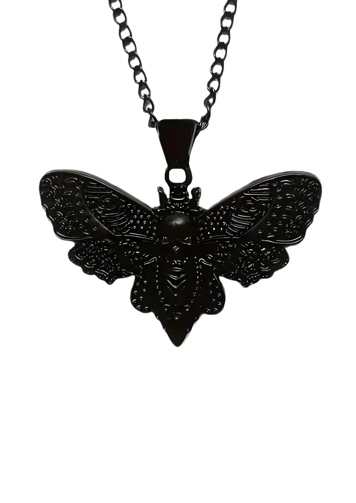 Schwarze Mottenanhänger-Halskette mit aufwendiger Verarbeitung und Kette.