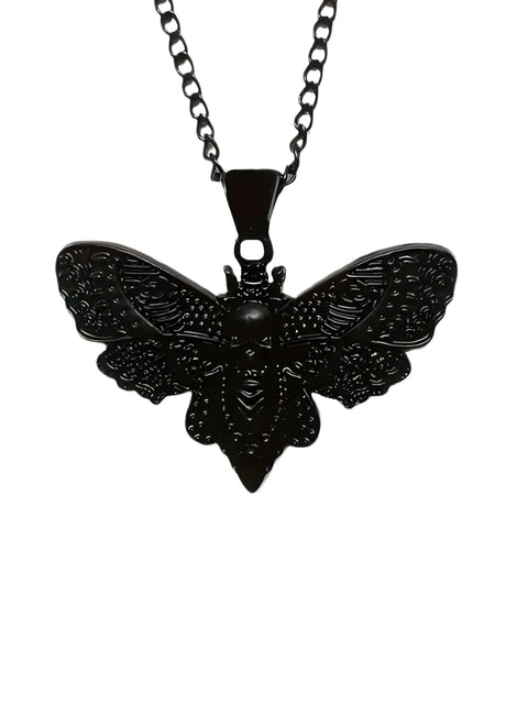 Schwarze Mottenanhänger-Halskette mit aufwendiger Verarbeitung und Kette.