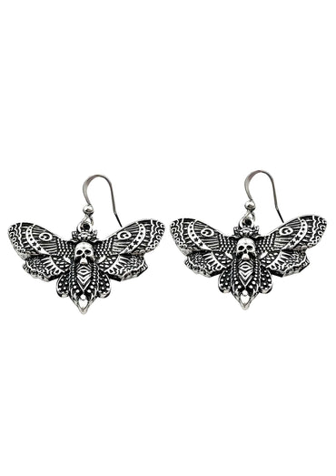 Silberne skull moth ohrringe mit feinen gothischen détails und hängenden hooks für horror fans