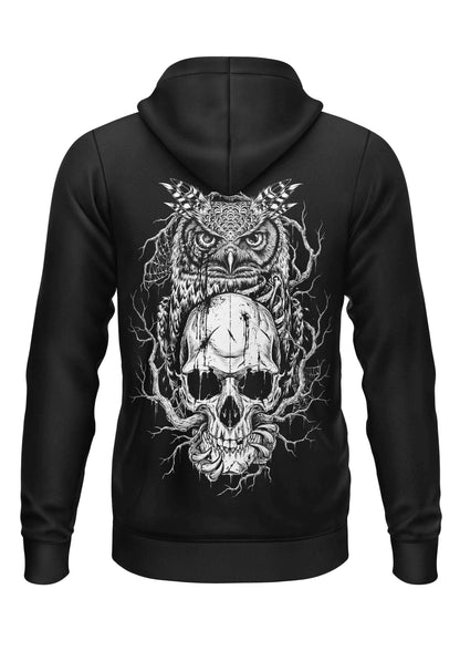 Schwarzer hoodie-modell vereint robuste mit schädel schlange rückenprint owl grafik auf der rückseite