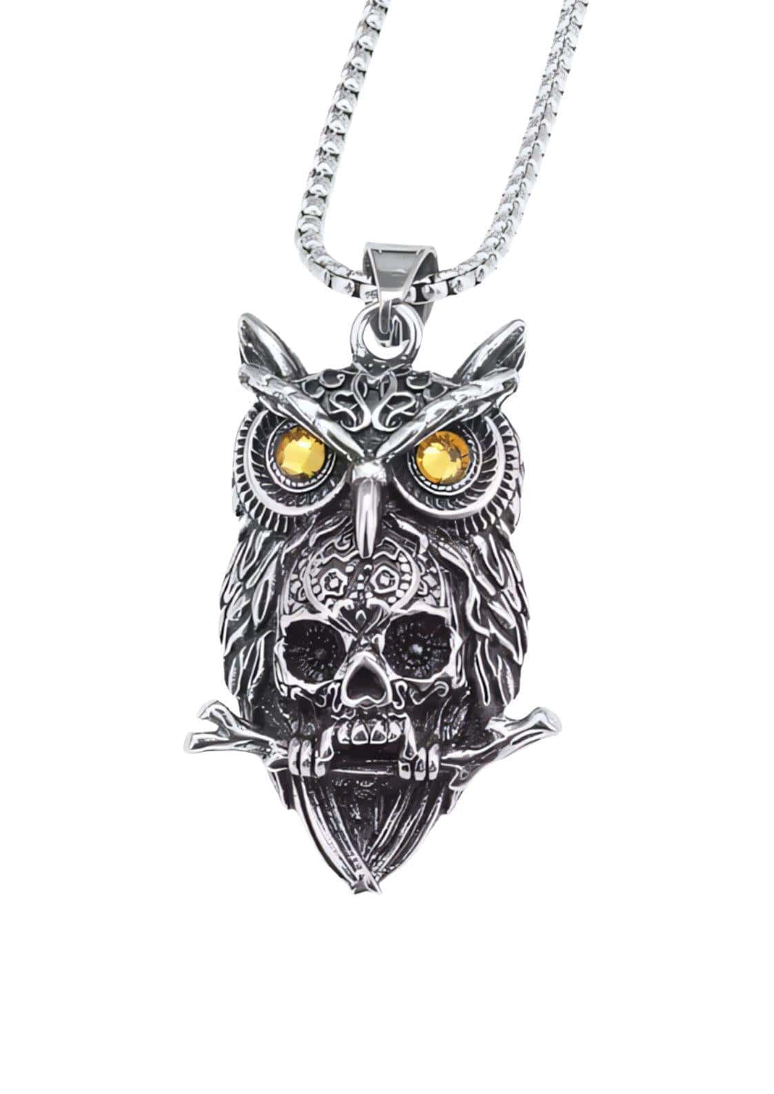 Silberne skull owl halskette mit gelben steinaugen und filigranem eulenschädel anhänger