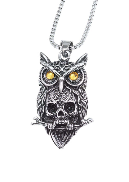 Silberne skull owl halskette mit gelben steinaugen und filigranem eulenschädel anhänger