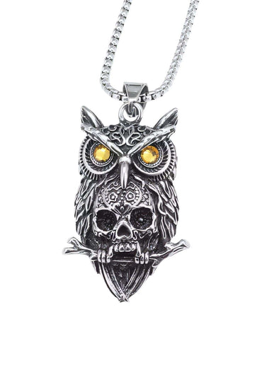 Silberne skull owl halskette mit gelben steinaugen und detailliertem eulenschädel aus edelstahl