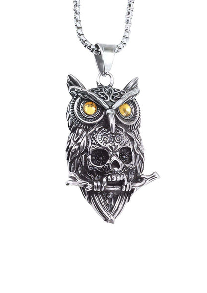Silberne skull owl halskette mit gelben steinaugen und detailliertem eagle skull pendant aus edelstahl