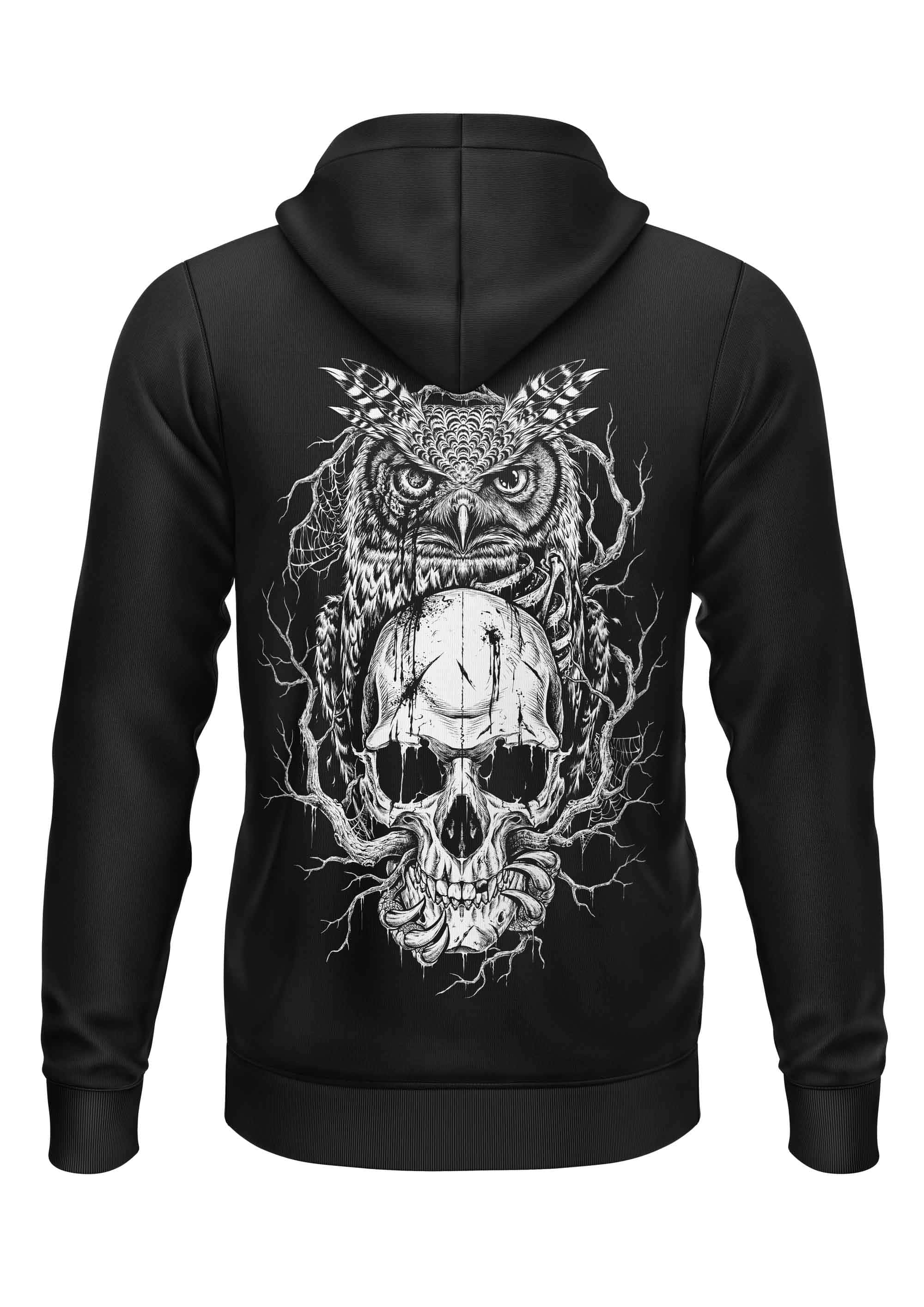 Schwarzer zip-up hoodie mit weißer skull eule grafik und detailreichen wurzeln, gothic reißverschluss design