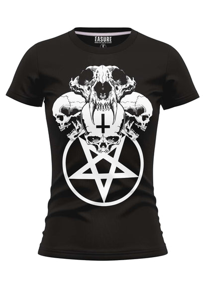 Schwarzes girly t-shirt mit weißem gothic skull pentagram kreuz design perfekt für horror fans